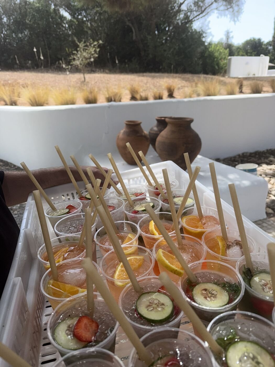 Drinks with paper straws prepared for a SIP? Algarve event