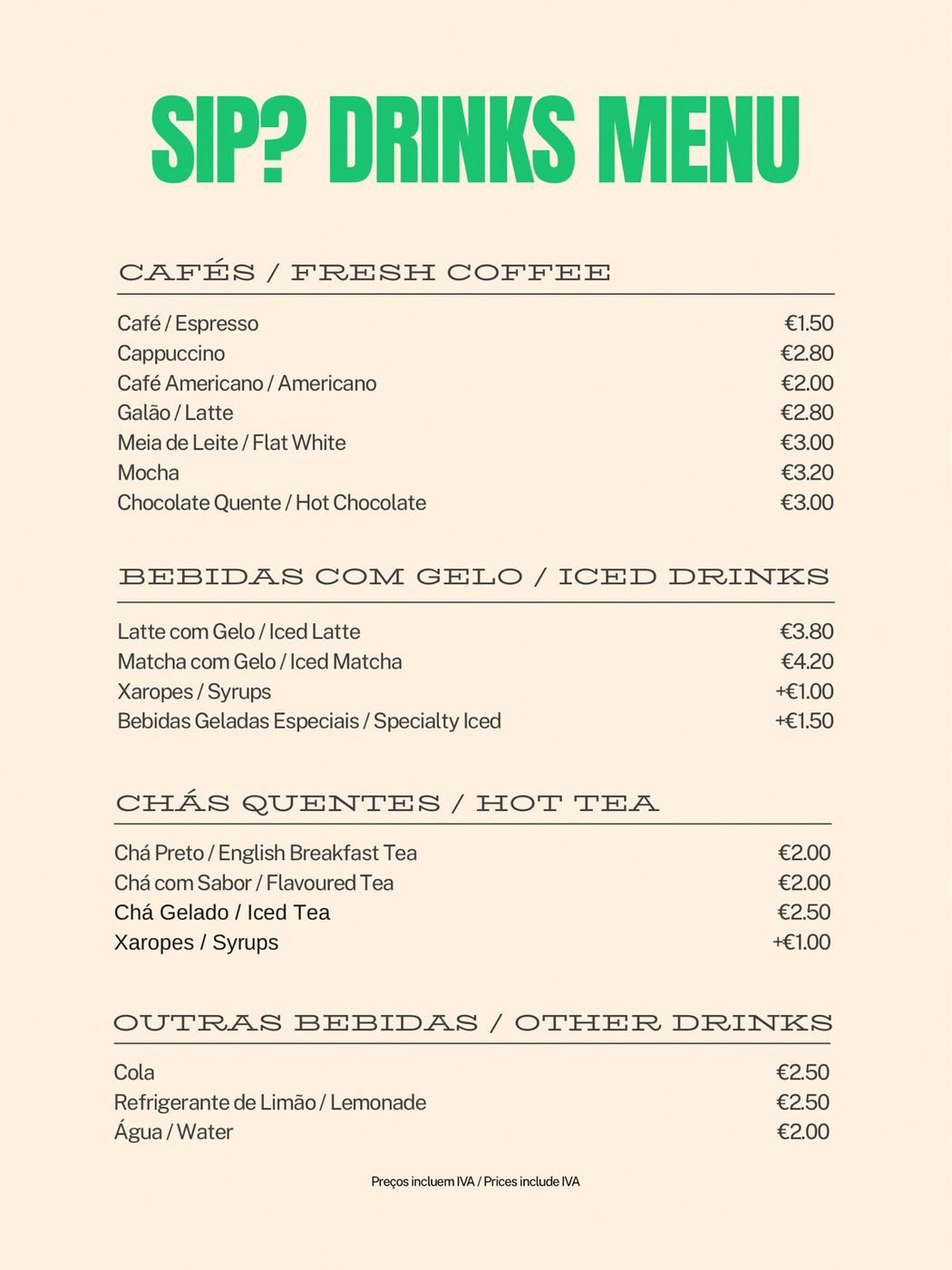 SIP? Drinks Menu - full price list